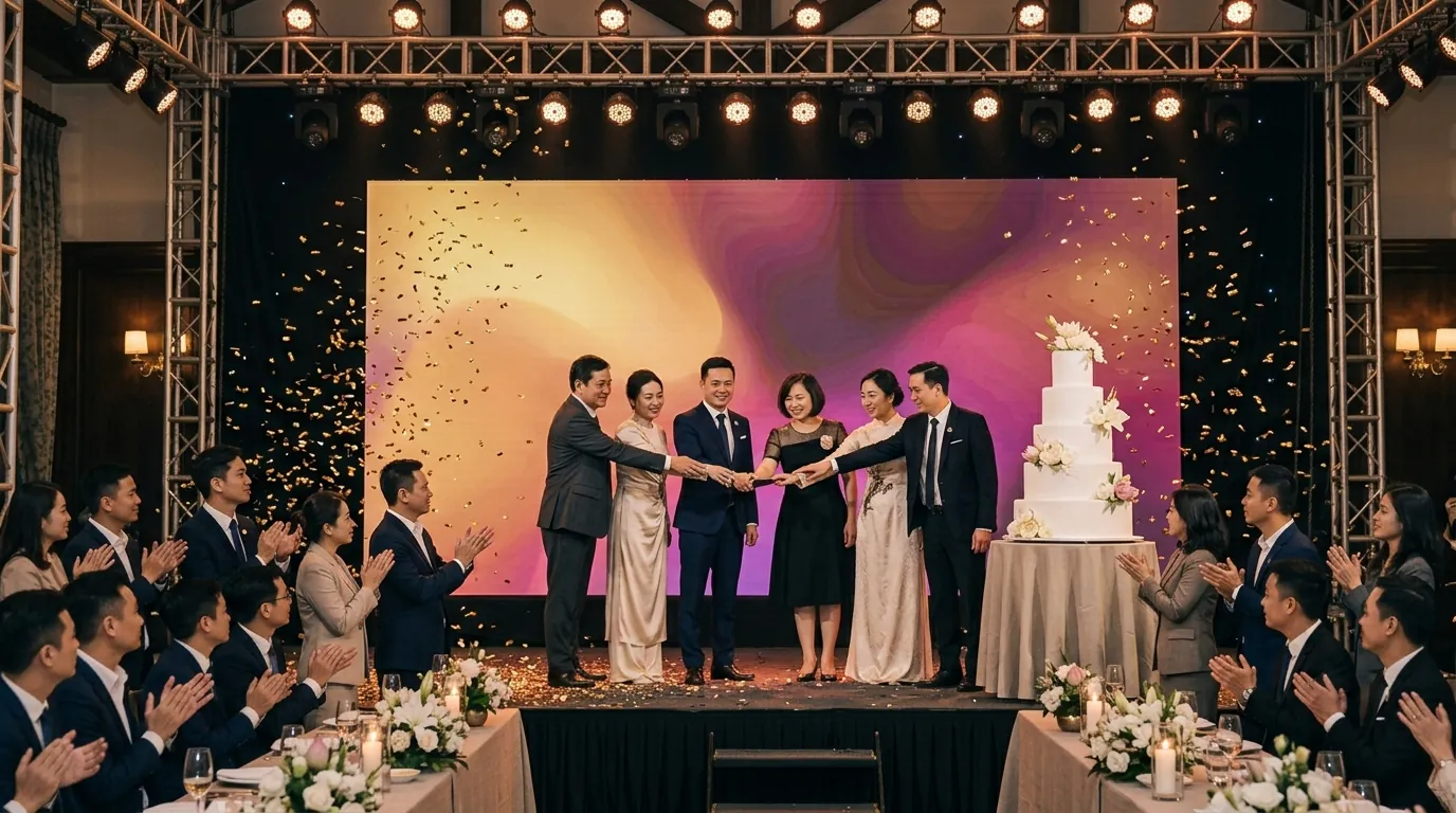 Ban lãnh đạo cùng nâng cốc trên sân khấu lễ kỷ niệm