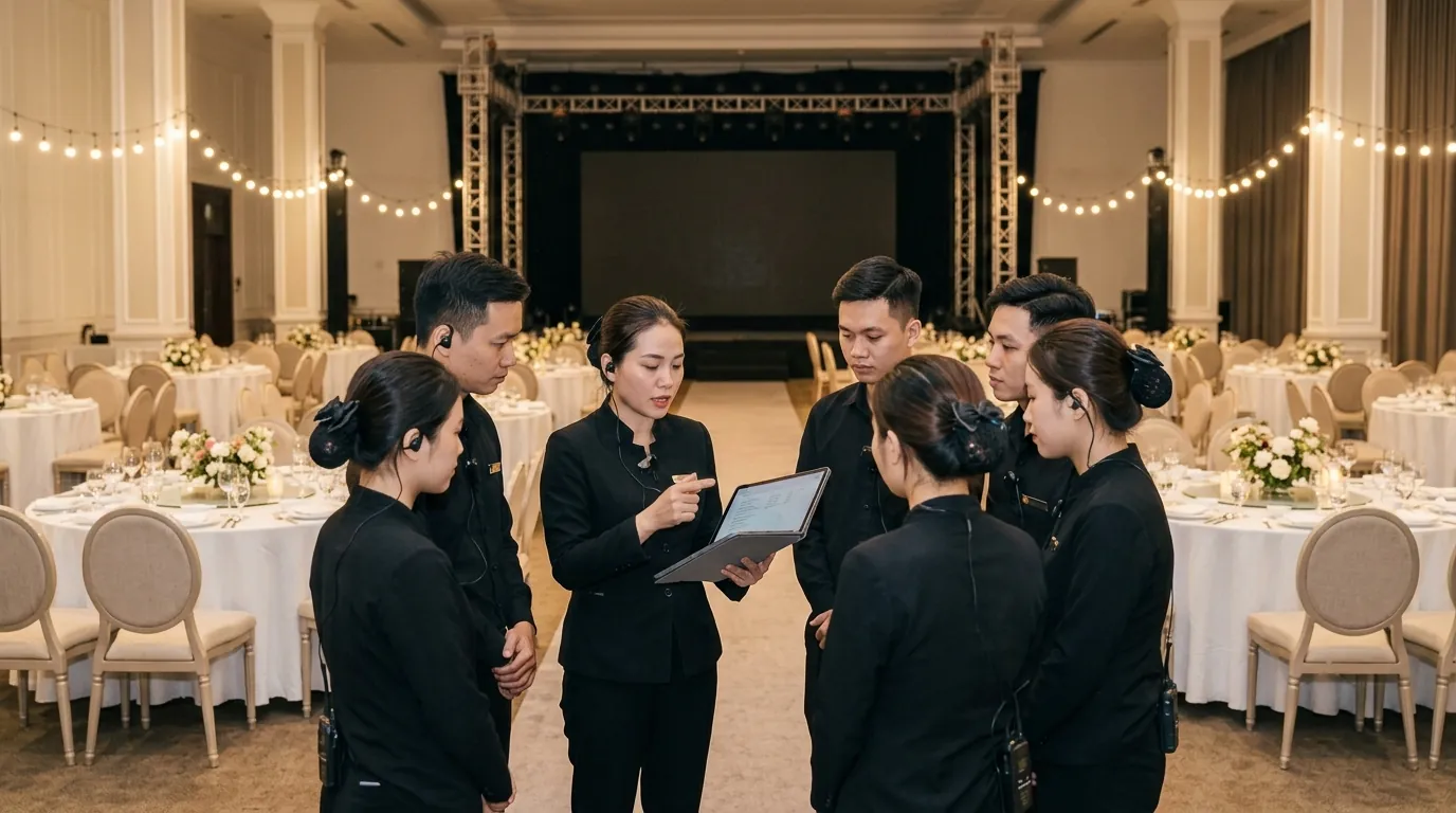 Đội điều phối mặc đồng phục đen họp trước giờ sự kiện