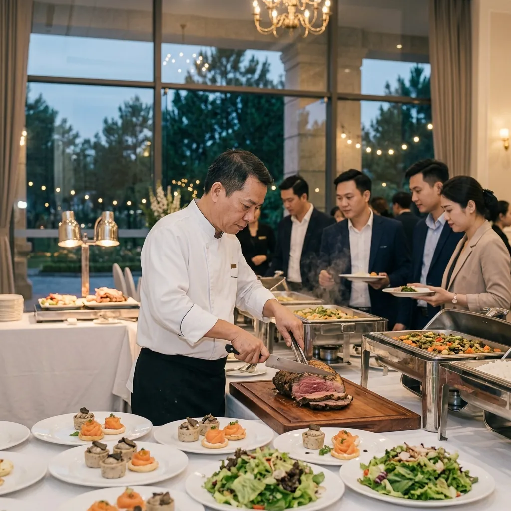 Đầu bếp phục vụ quầy buffet tại tiệc doanh nghiệp