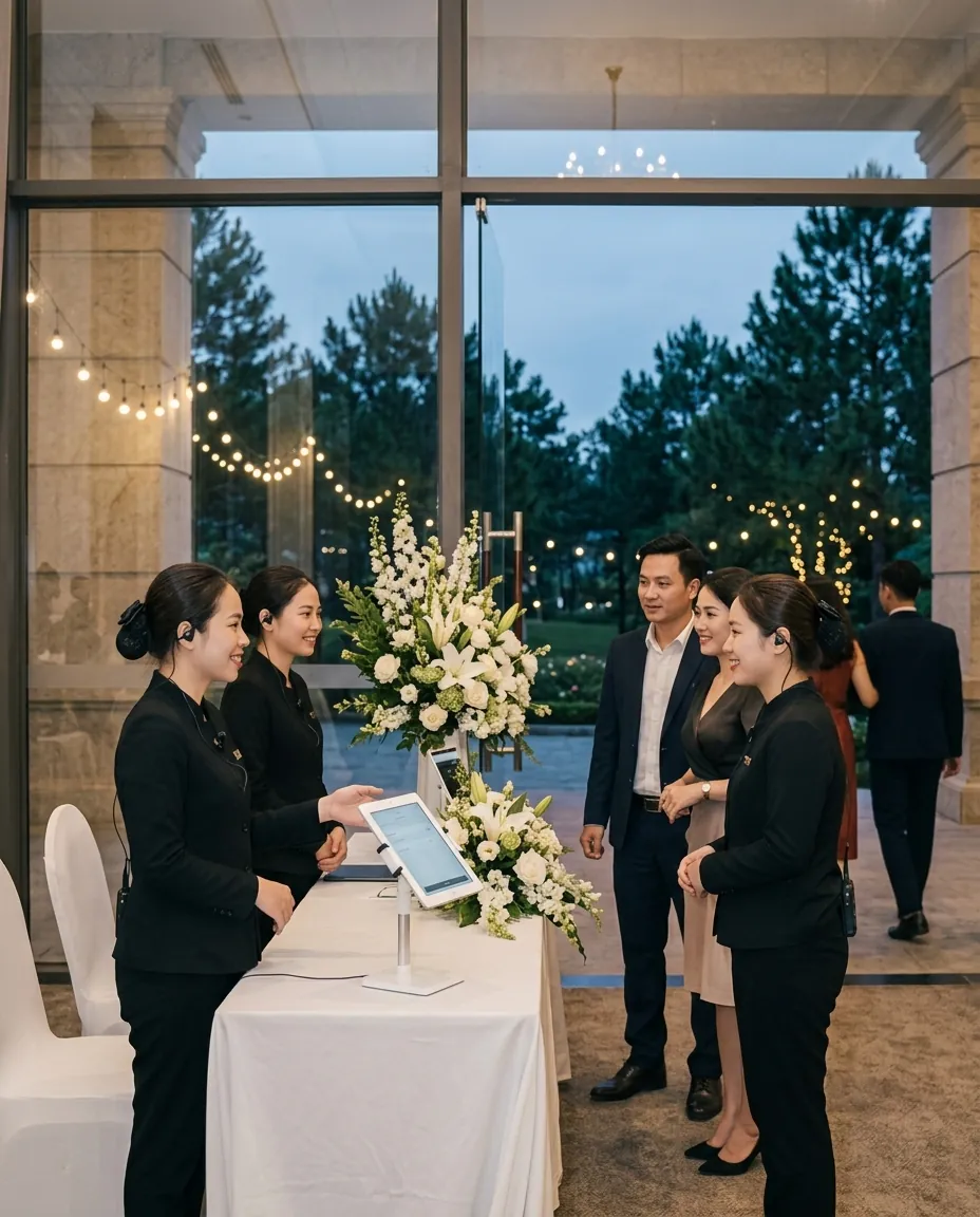 Bàn đón khách và check-in tại sảnh sự kiện