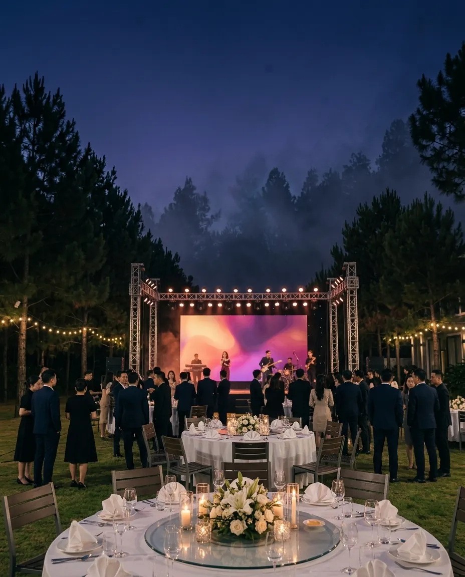 Bàn tiệc gala với sân khấu phía xa giữa rừng thông