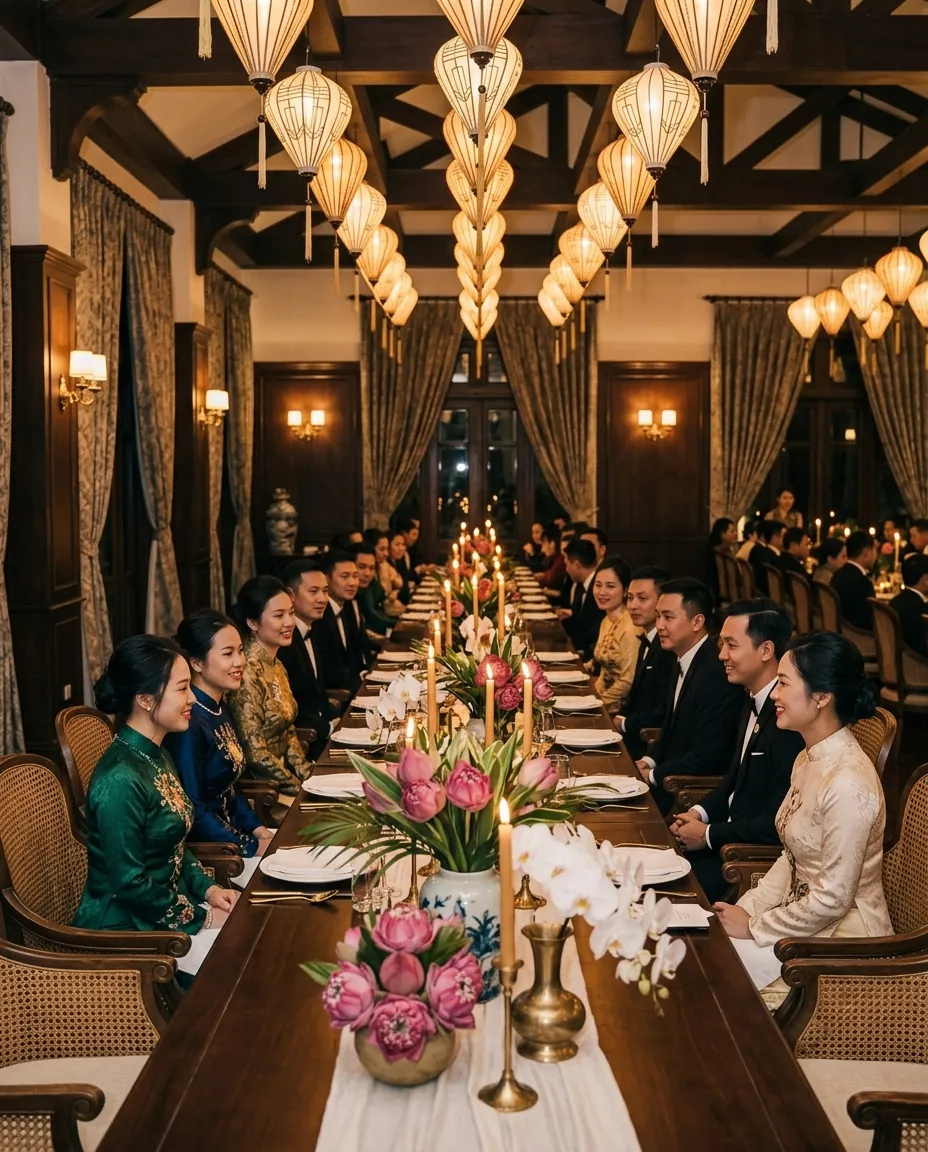 Tiệc phong cách Đông Dương với áo dài và đèn lồng lụa