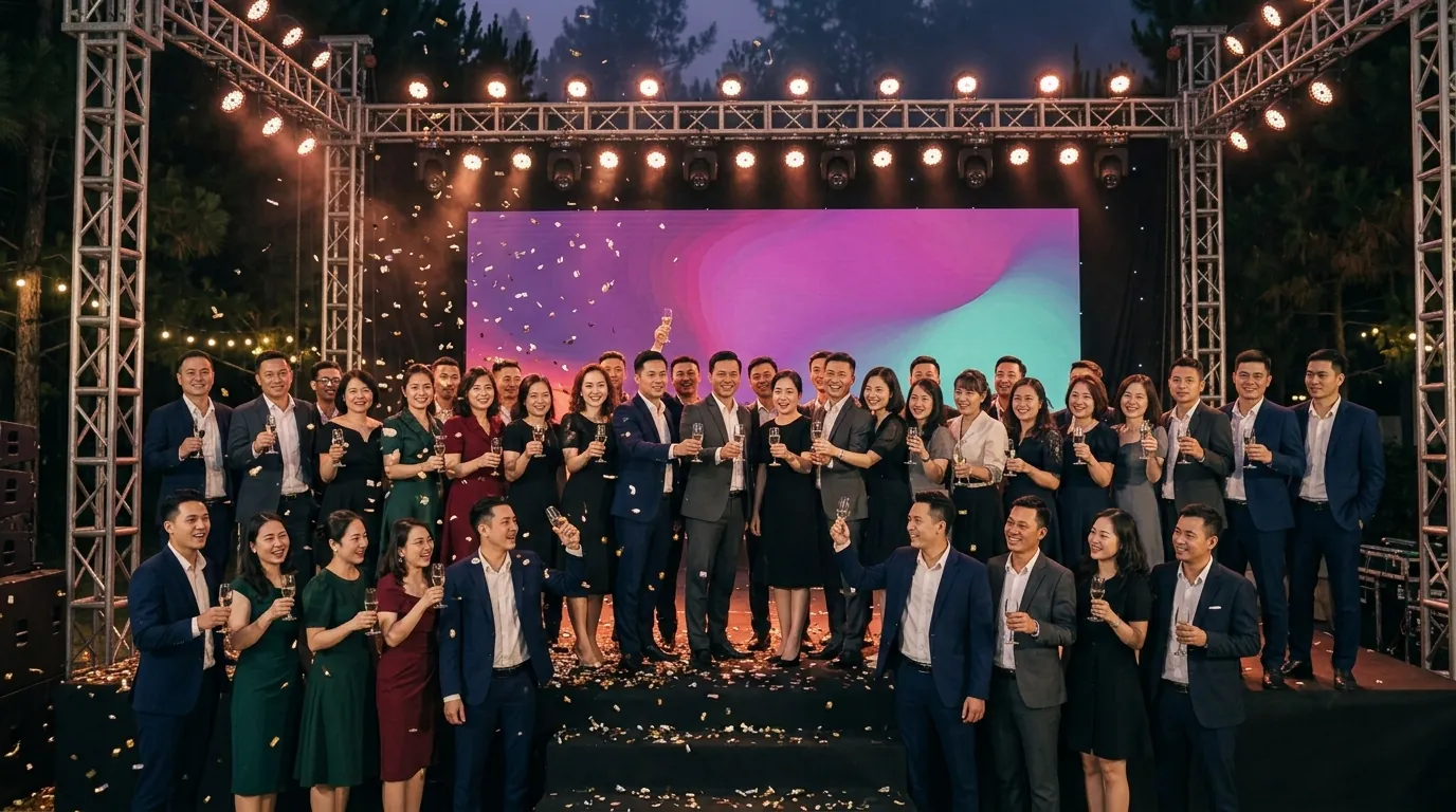 Tập thể nhân viên chụp ảnh lưu niệm cuối đêm gala