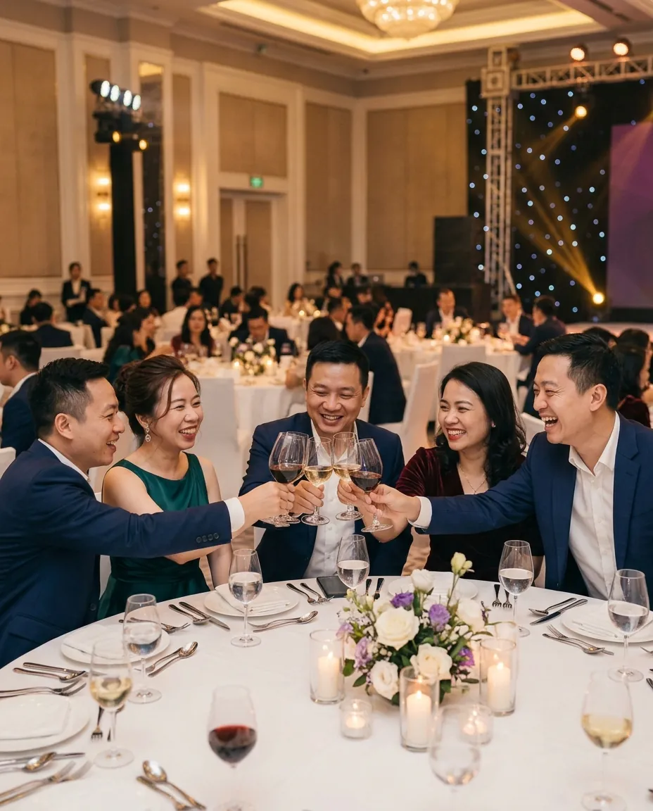 Khách mời nâng ly tại bàn tiệc gala