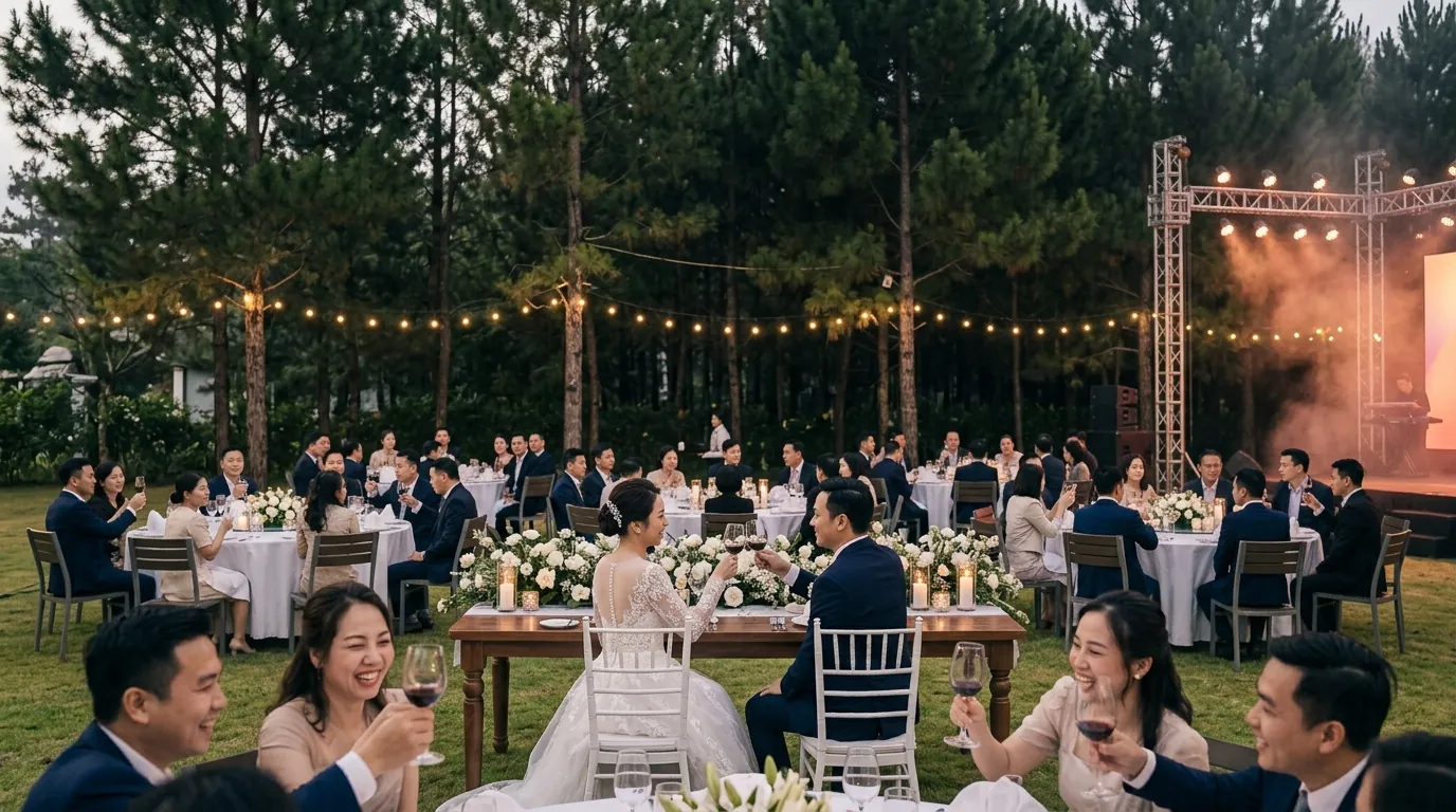 Tiệc cưới riêng tư ngoài trời với bàn tiệc tròn và đèn dây